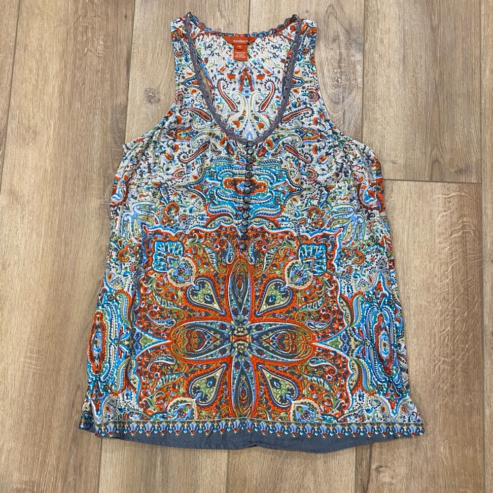 🌟SUNDANCE🌟 COTTON / SILK PAISLEY PRINT CROCHET TRIM BOHO TANK SZ M